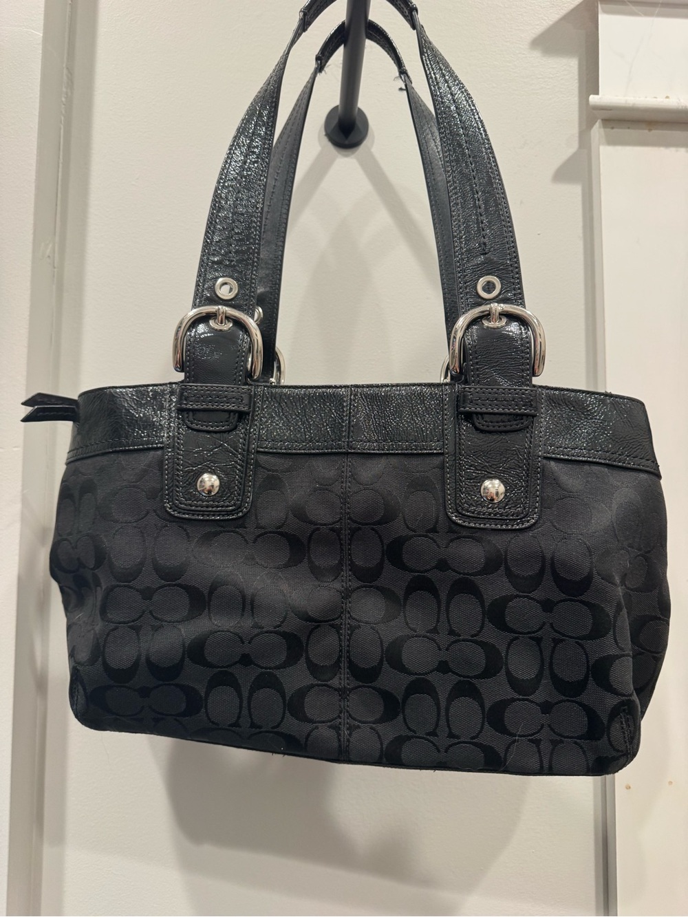 Coach Black Signature Canvas Shoulder Bag with Leather Trim - Picture 2 of 6